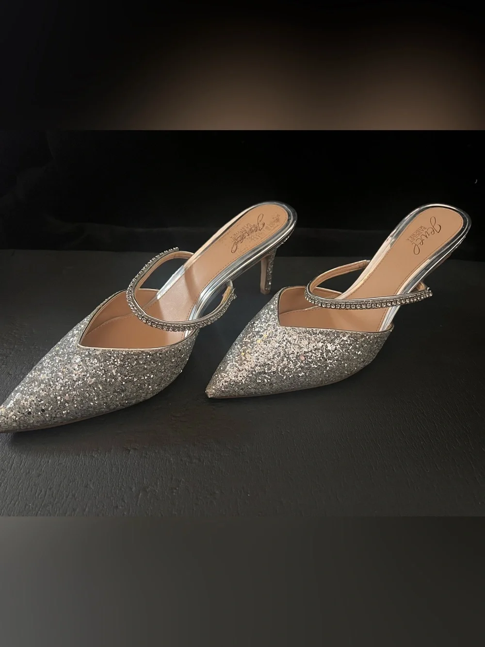 Badgley Mischka Silver Glitter Pointed-Toe Crystal Strap Mules